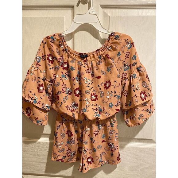My Michelle Girls Off Shoulder Romper Orange Floral Belle Sleeve Size Small - Picture 1 of 8